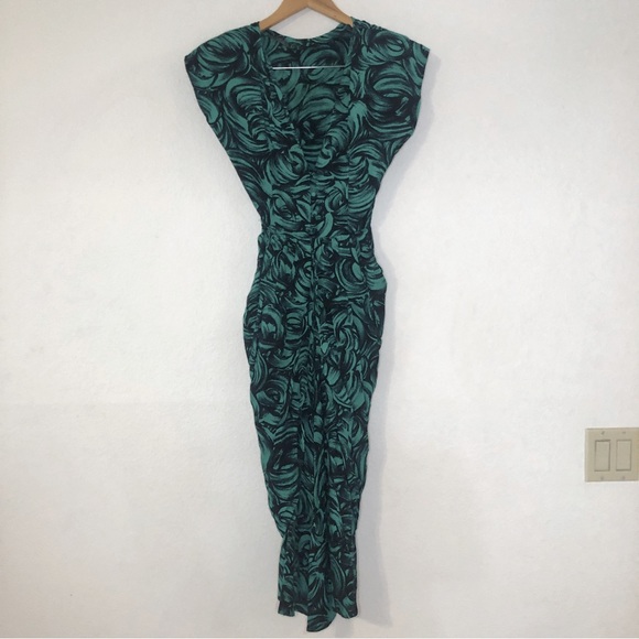 Vintage 80s Sterling Silver Rose Print V-Neck Formal Dress w/ Shoulder Pads - Picture 2 of 16